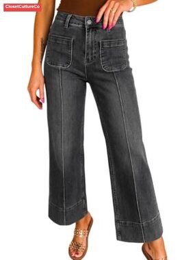 Wide Leg High Waisted Cropped Ankle Stretch Denim Jeans